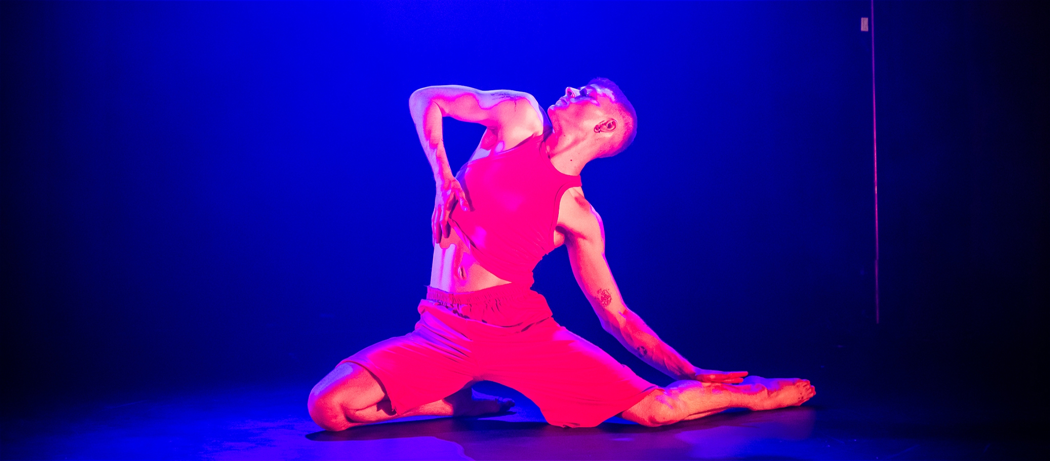 A dancer twists their body while kneeling on the floor, they are lit by pink lights while the background is a a dark blue,