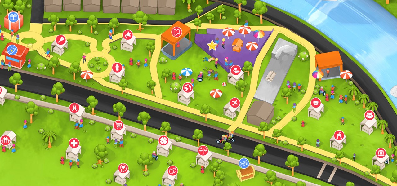 Graphic of a park with lots of marquees - each marquee has a distinctive symbol