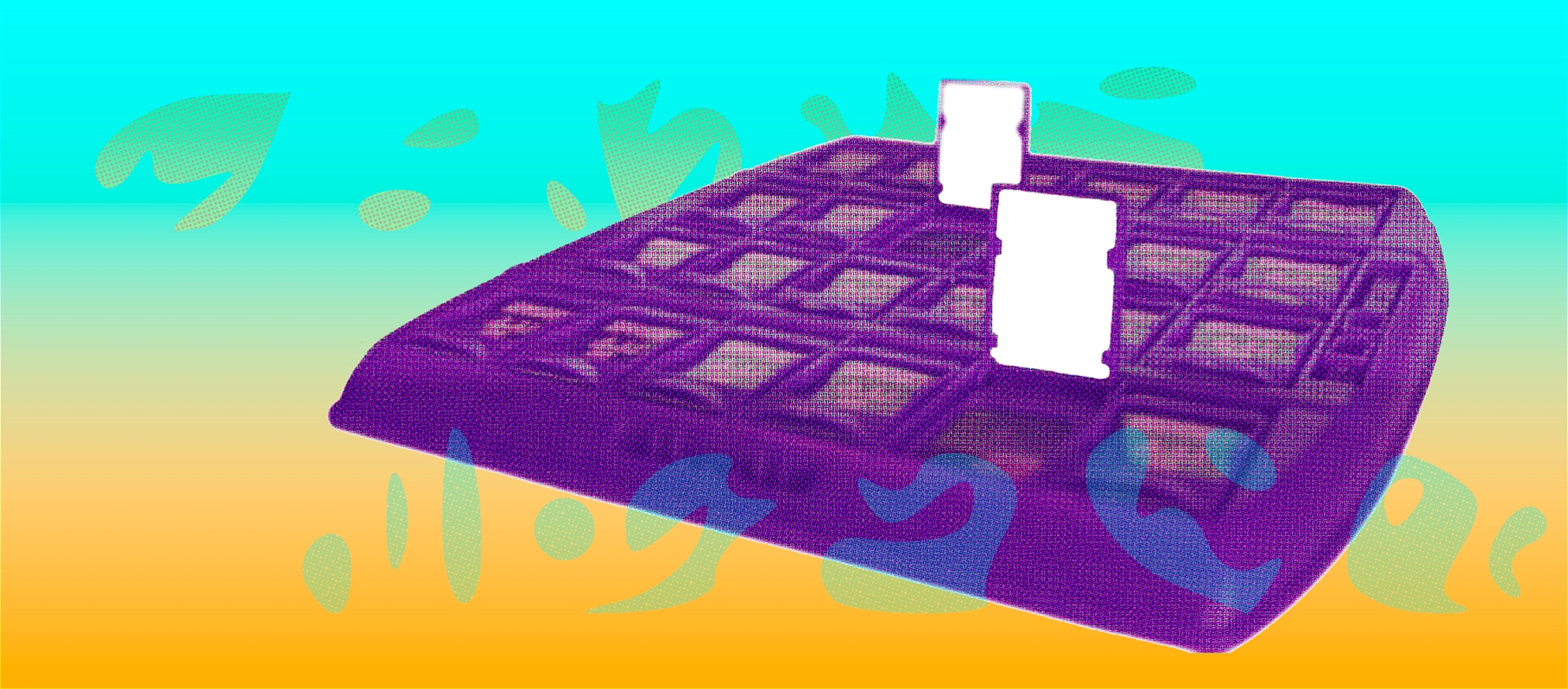 Graphic showing an electronic device in mauve against an aqua and gold background