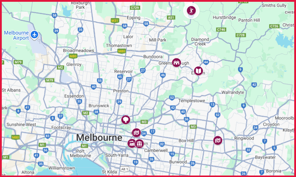 Map showing venue locations in the East of Melbourne