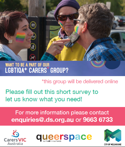 Poster with logos: Carers Victoria, queerspace and City of Melbourne