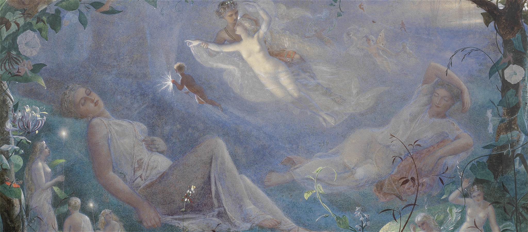 Artwork titled - Scene from A Midsummer Nights Dream - showing the sleeping Hermia and Titania surrounded by fairies in a mystical forest setting.
