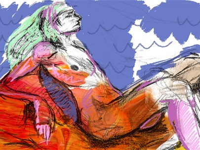 A charcoal sketched androgynous figure reclining with colourful green hair and a background of colourful paint washes.