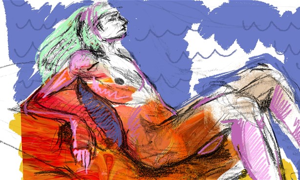 A charcoal sketched androgynous figure reclining with colourful green hair and a background of colourful paint washes.