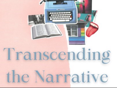 logo with typewriters and books plus text Transcending the Narrative