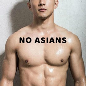 Bare-chested male torso with 'no Asians' written on their chest width=