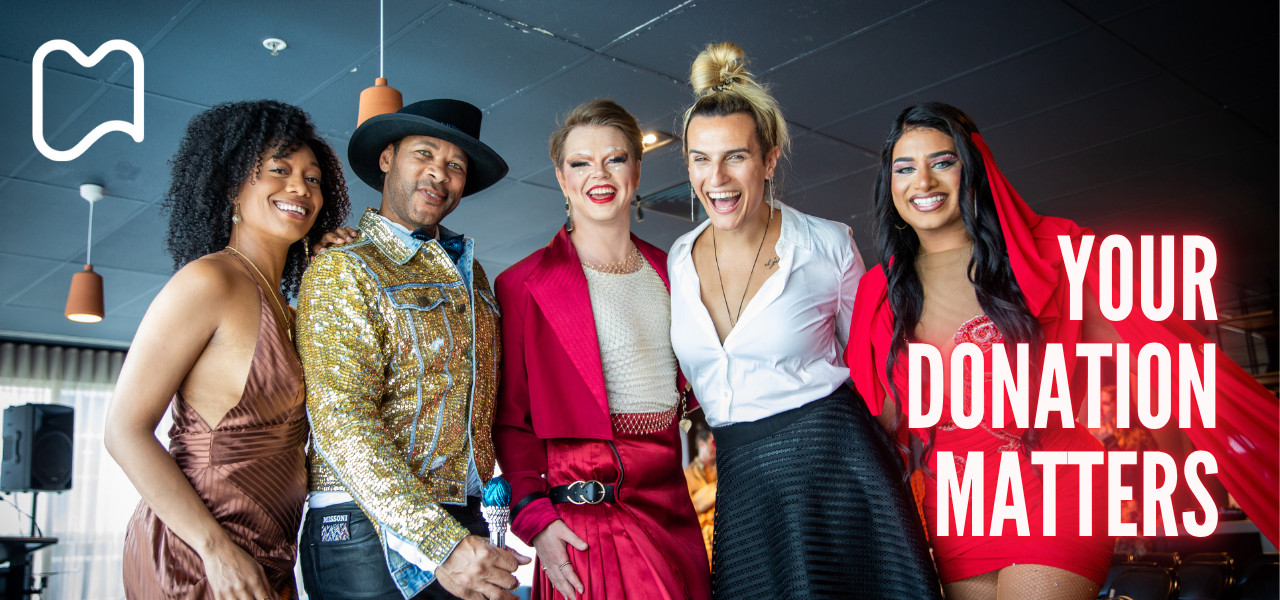 A number of Midsumma 2025 performers smiling at the camera with text YOUR DONATION MATTERS