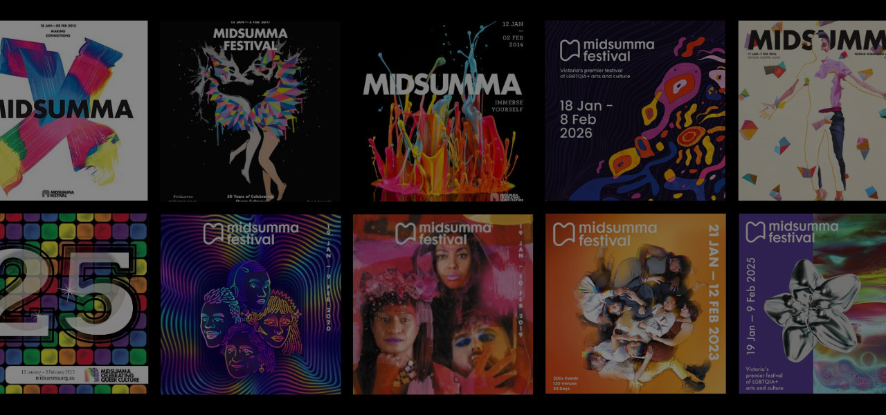 Front covers of past Midsumma Festival program guides