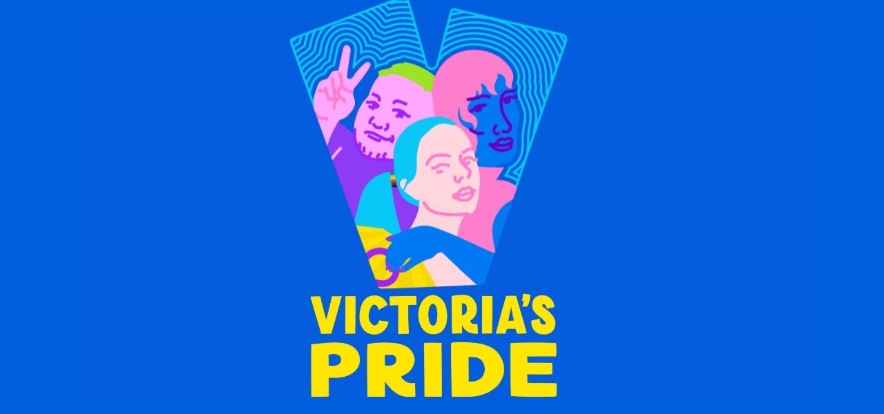 Blue background with text VICTORIAS PRIDE and a V with three caricature heads in it