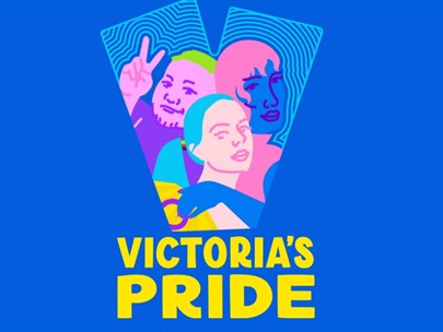 Blue background with text VICTORIAS PRIDE and a V with three caricature heads in it