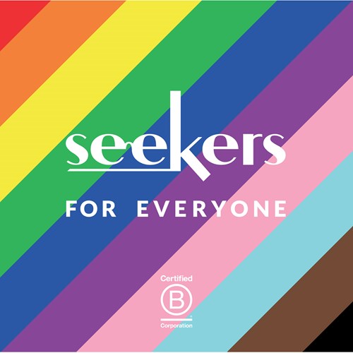 White text - Seekers, for everyone - on Pride rainbow background