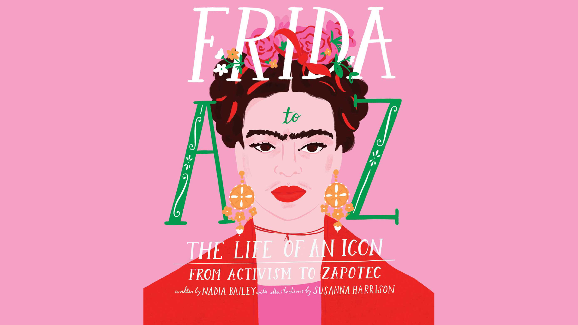 Poster of Frida Kahlo with text: 'FRIDA A-Z: The life of an icon'