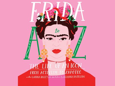 Poster of Frida Kahlo with text: 'FRIDA A-Z: The life of an icon'