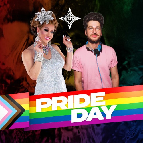 Hostess Amena Jay and DJ Fragile Future behind a rainbow banner with text PRIDE DAY
