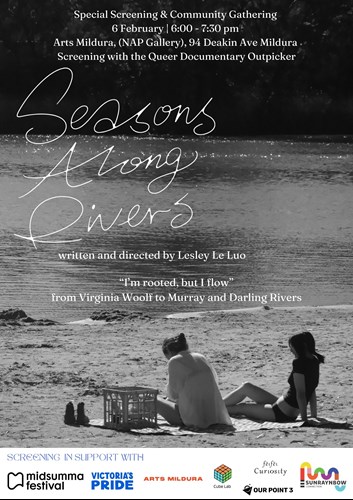 Black and white poster of two people having a picnic on the sand beside a river