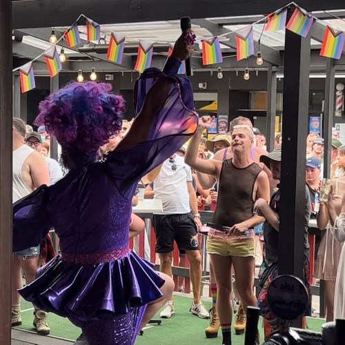 A drag queen performing in front of an enthusiastic crowd