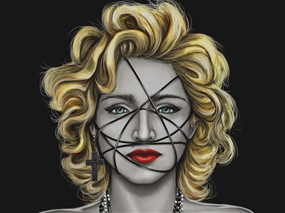 A woman with blond hair, blue eyes, red lips and lines across her face. She is wearing a cross earring on one ear. Black background.