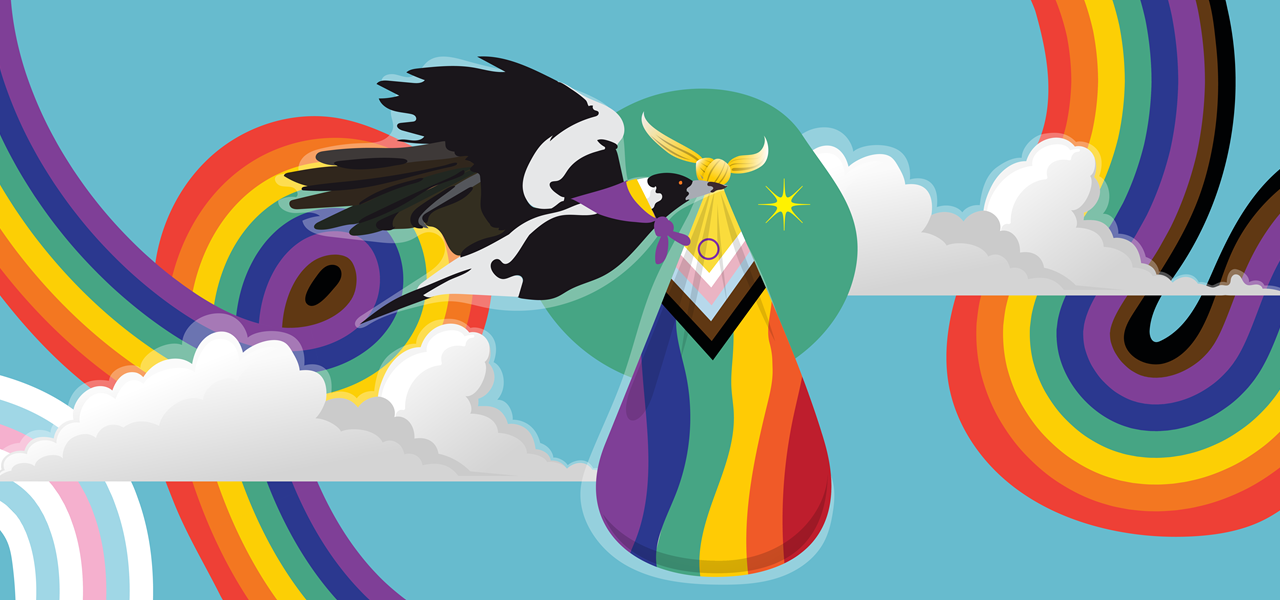 A magpie is flying across a sky with progress and trans flag coloured rainbows and white clouds. The magpie is carrying a "baby" bundle.