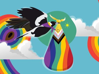 A magpie is flying across a sky with progress and trans flag coloured rainbows and white clouds. The magpie is carrying a 