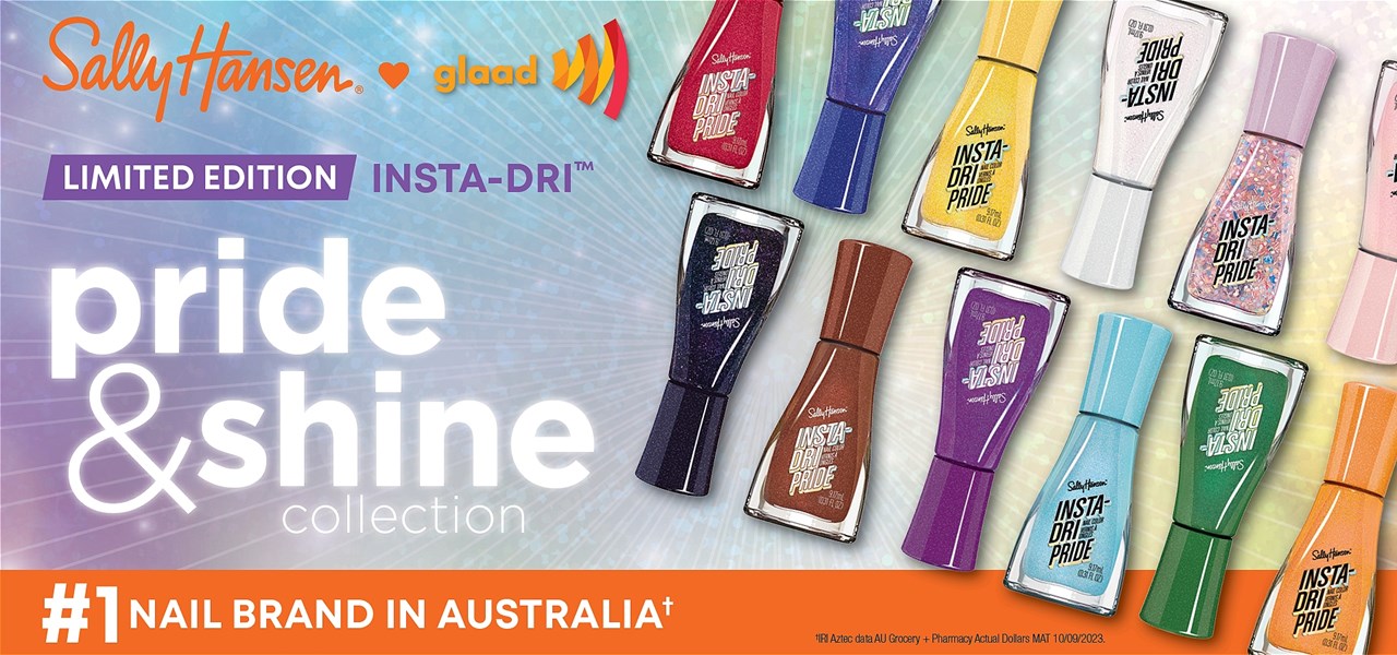 Banner of Sally Hansen showing various products and various texts such as PRIDE & SHINE