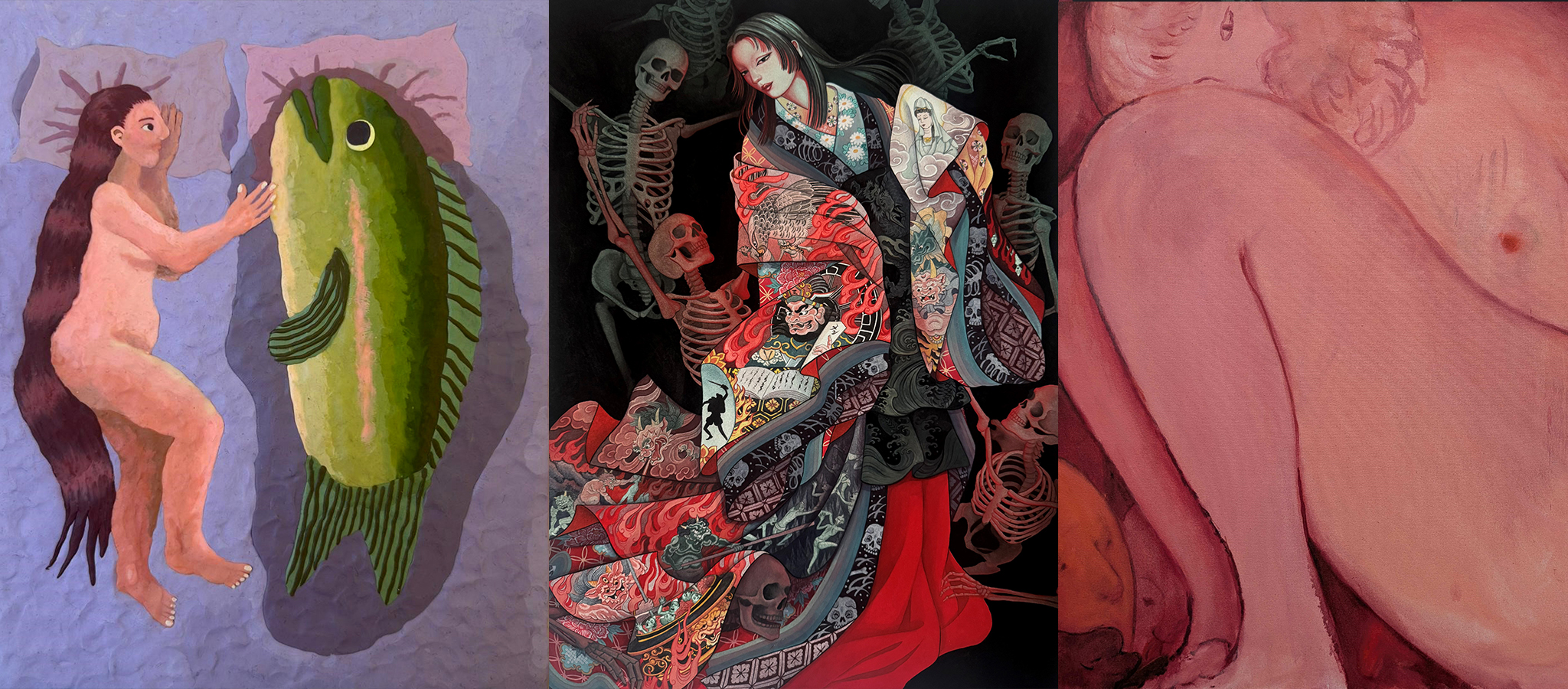 A collage of 3 art works from the exhibition: naked person + fish; religious scene with skeletons; naked bodies