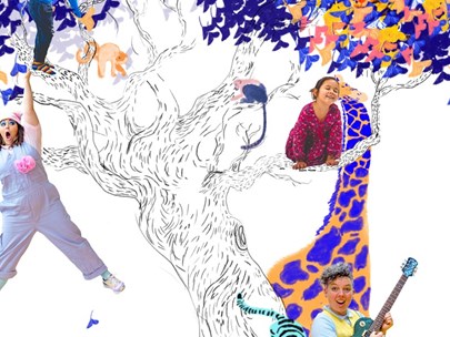 Two children and two adults playing around an animated tree with animated colourful animals