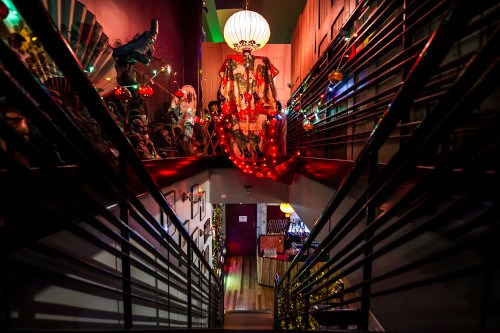 Looking down the Butterfly Club stairs towards the foyer