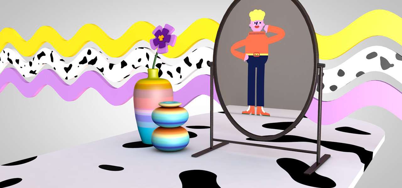 Graphic showing an oval mirror with a person reflected wearing black pants and orange top