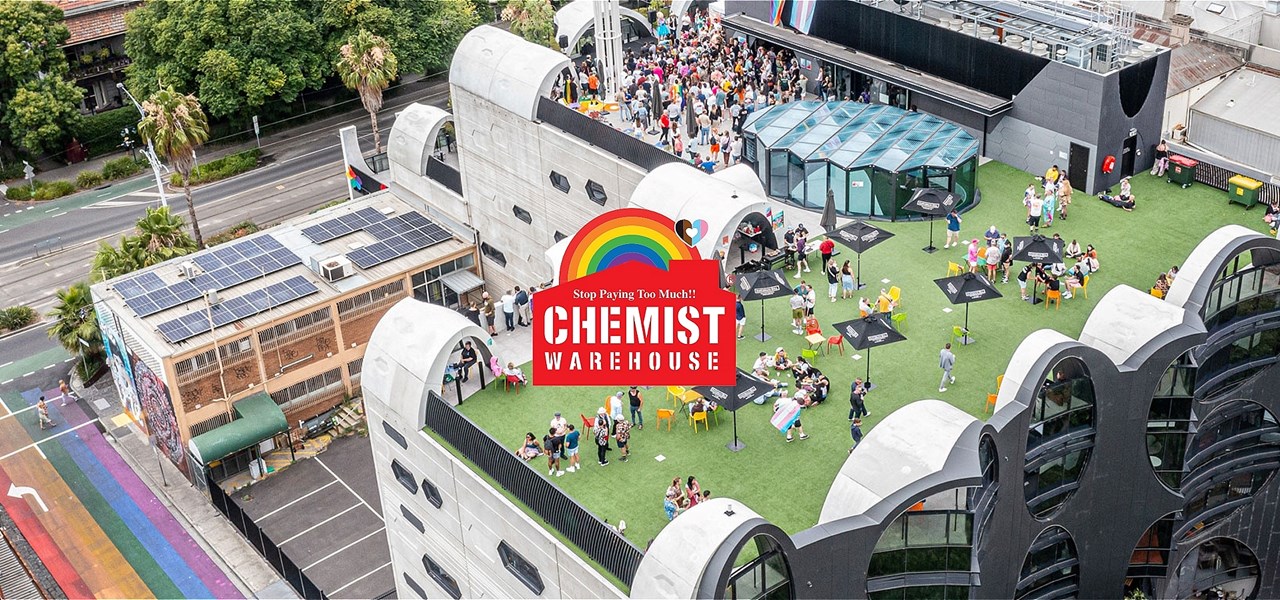 Chemist Warehouse Pride Logo and an aerial image of the Victorian Pride Centre exterior