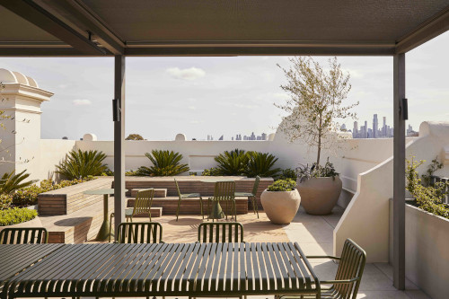 Photo taken from the outdoor deck of The Hive with the CBD buildings in the distance