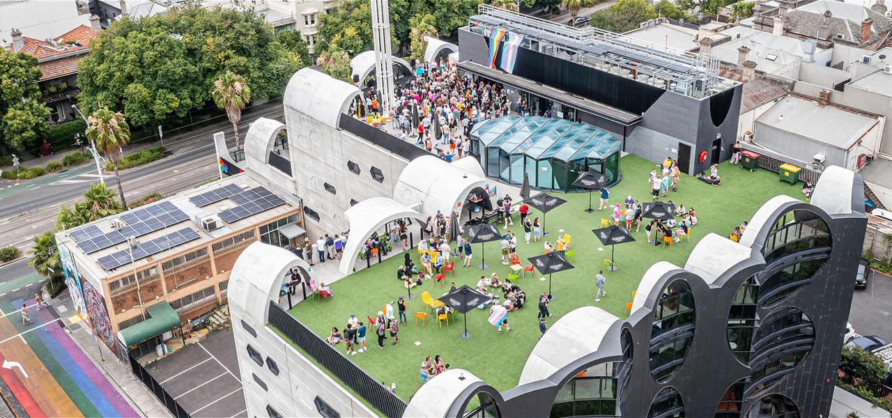 Aerial shot of rooftop party at the Pride Centre