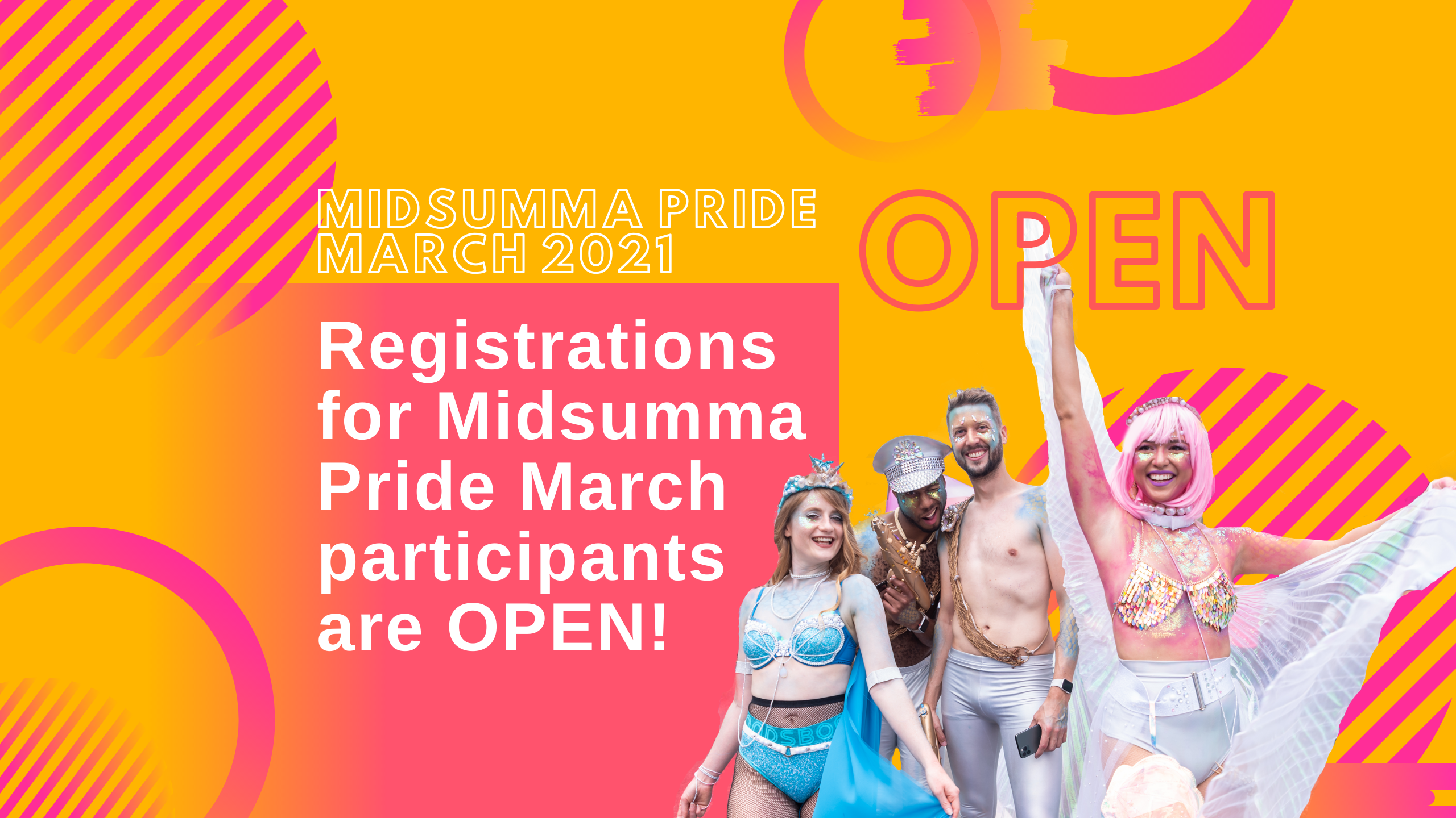 Four people dressed scantily in sexy, glittery clothes announce: "Registrations for Midsumma Pride March participants are open"