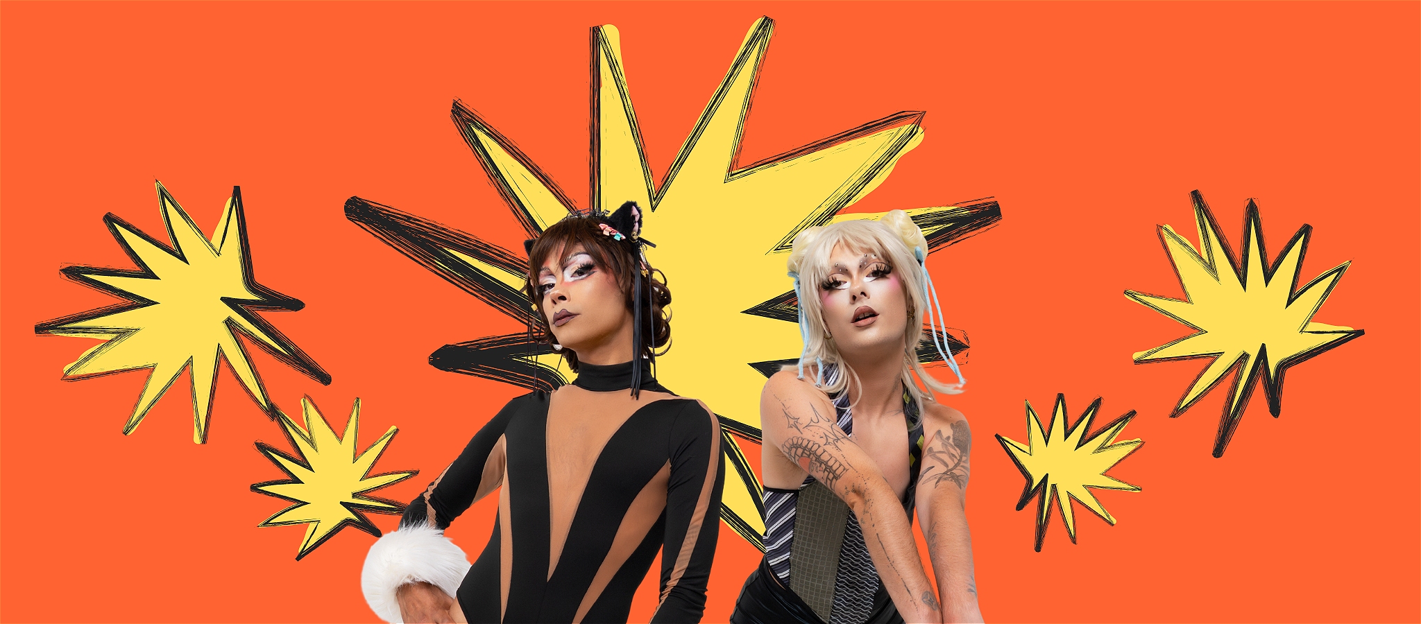 Two drag performers standing next to each other against an orange background with yellow stars