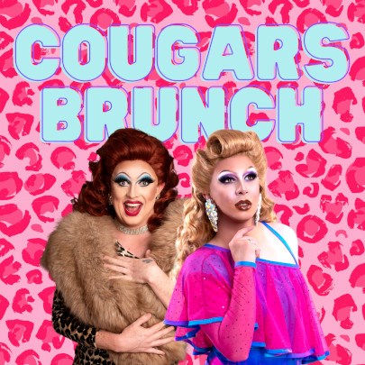 Two elegantly dressed drag queens below text "COUGARS BRUNCH"
