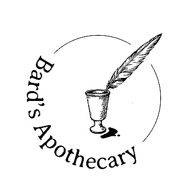 Bard's Apothecary logo, a thin circle around a cup with a feather quill dipped inside