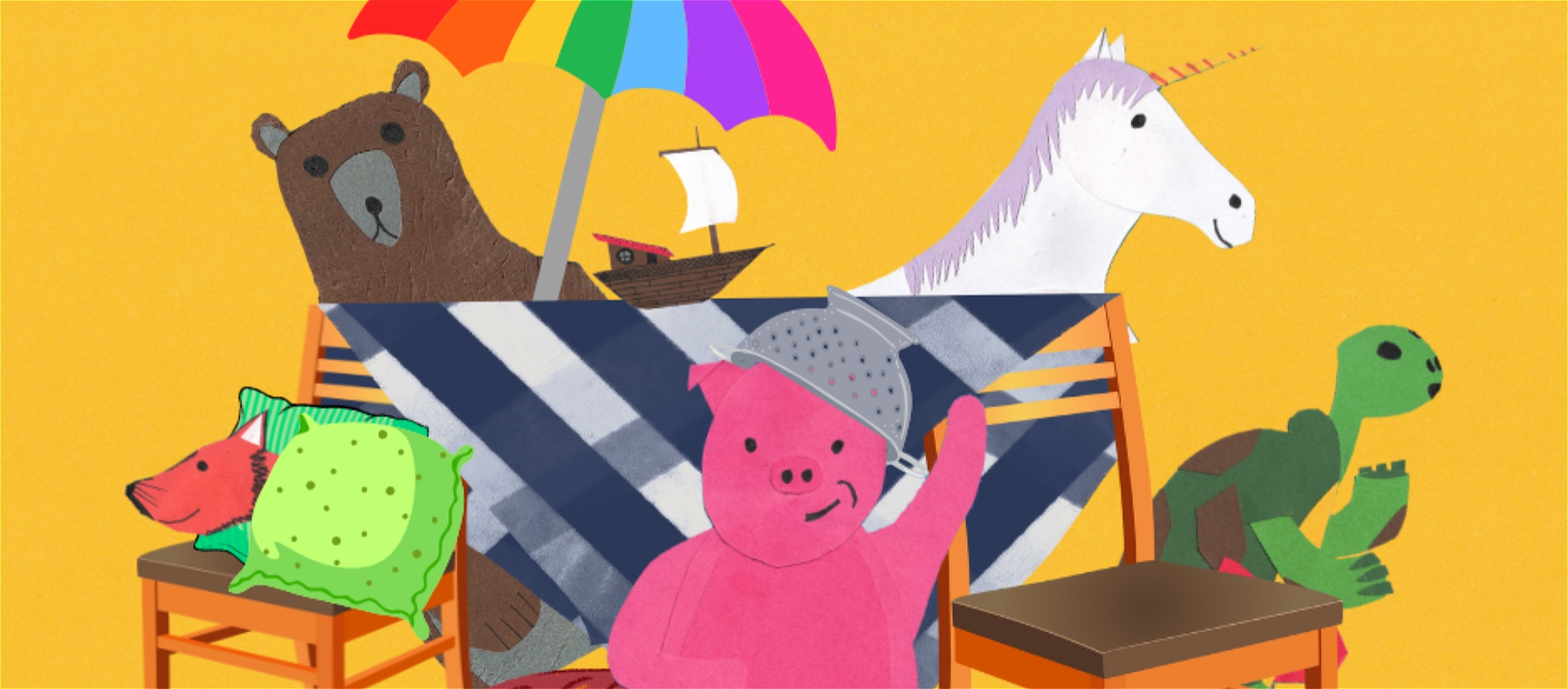 A cartoon illustration of a bear, a unicorn, a tortoise, a pig and a fox.
