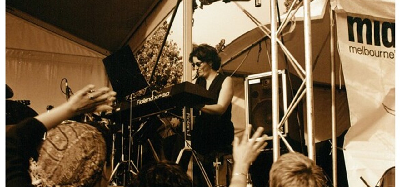 Midsumma Carnival 1996 by Richard Israel and 1997 by Virginia Selleck: keyboard player on stage