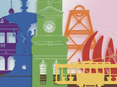 Graphic of buildings, scultputes, and a tram carrriage overlapping, each a different colour of the pride flag.