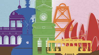 Graphic of buildings, sculptures, and a tram carrriage overlapping, each a different colour of the pride flag.