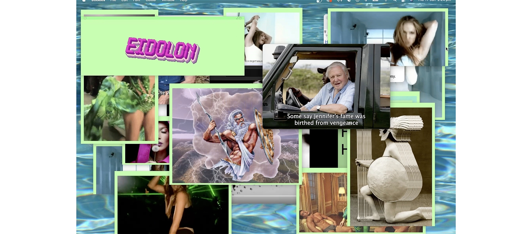 A collage with an illustration of a Greek God, a man with white hair looking inside a car, woman with her arm up and various other images