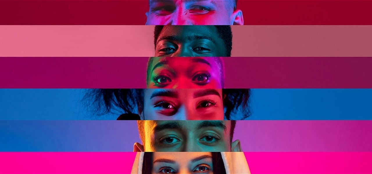 Six people's eyes framed individually by horizonal panels with backgrounds in pink, purple and blue tones.