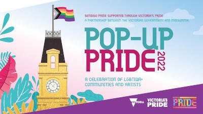 Bendigo Pop-Up Pride 2022 brochure - town hall flying a rainbow flag
