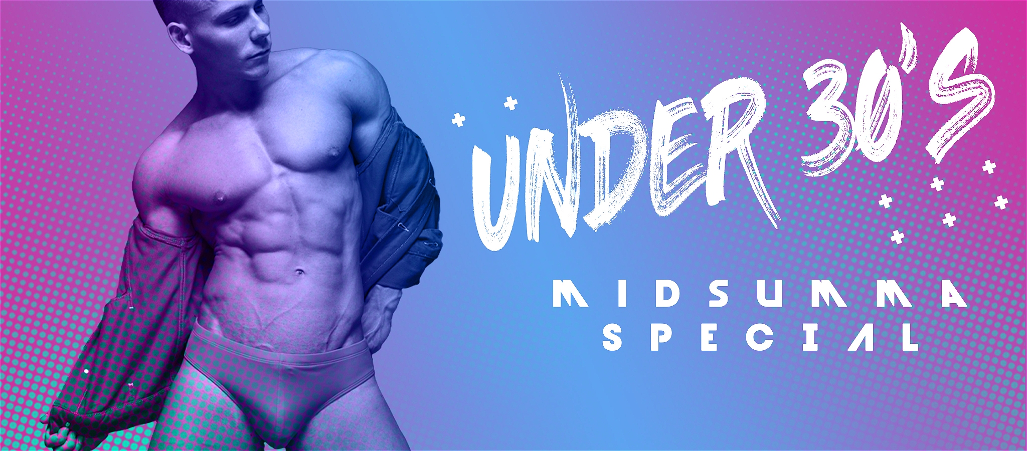 On a purple and blue gradient background titled - Under 30s - with a young sexy man taking his shirt off.