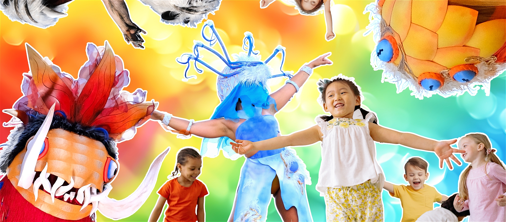 Colourful graphic with imaginary creatures in the background and several kids dancing