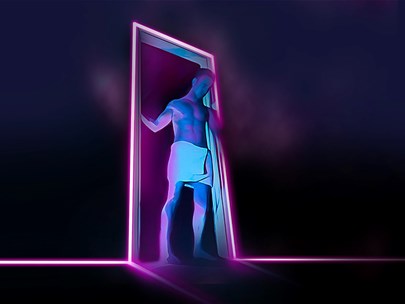Individual standing in a doorway, wearing a white towel around their waste. A purple neon-like light traces the floor and doorway.