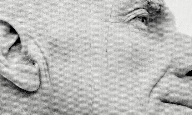 Black and white image of a portrait in profile; image peeling off the timber on which it is mounted