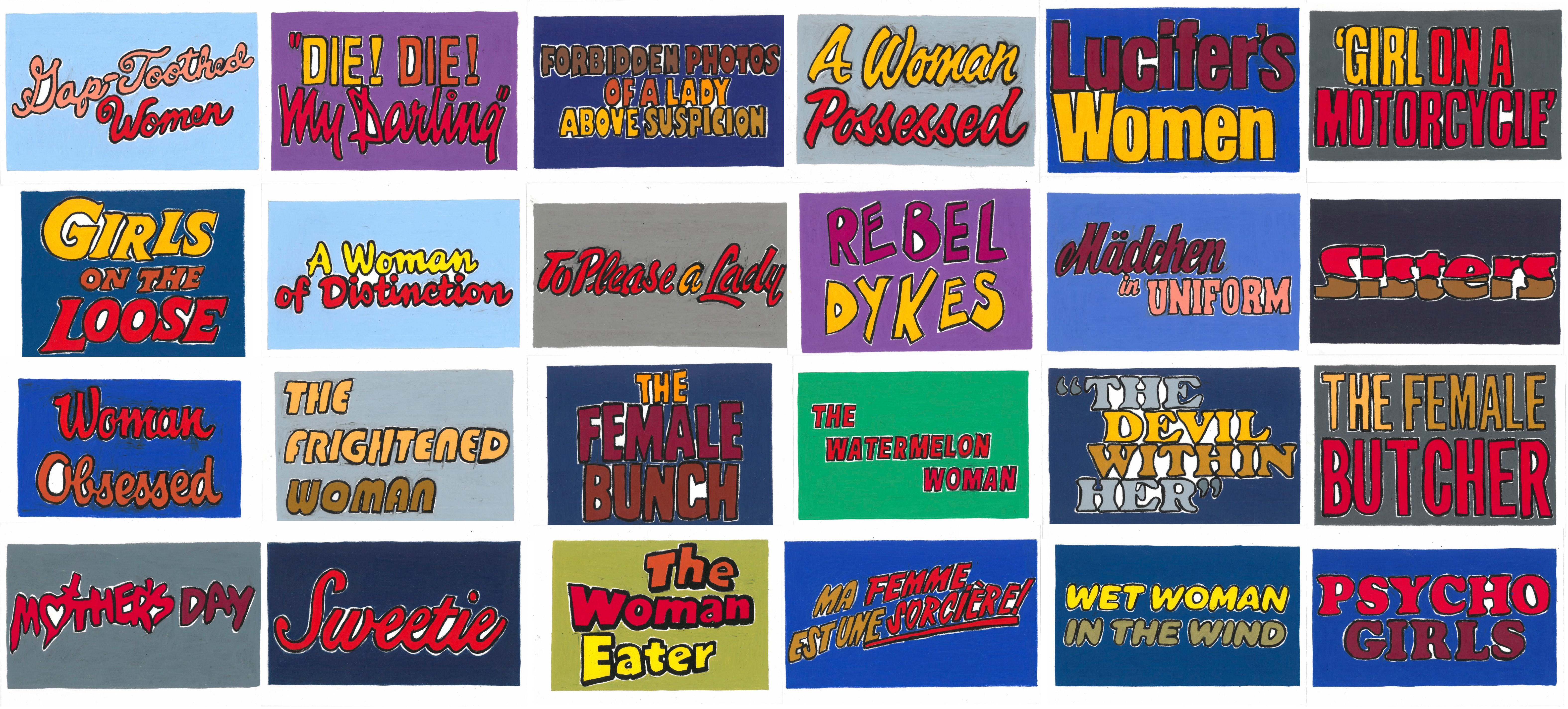 Collage of a series of colourful posters each with lesbian-themed expressions