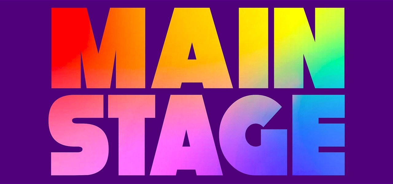 Multi-coloured sign stating 'MAIN STAGE' on a mauve background