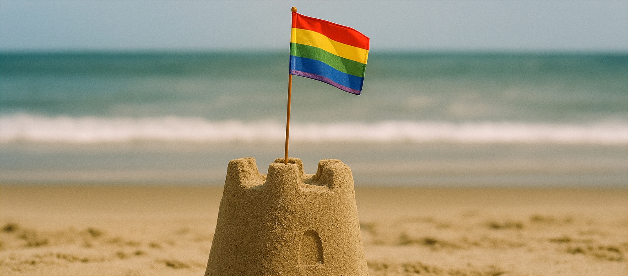 A photograph of a sandcastle with a rainbow flag.
