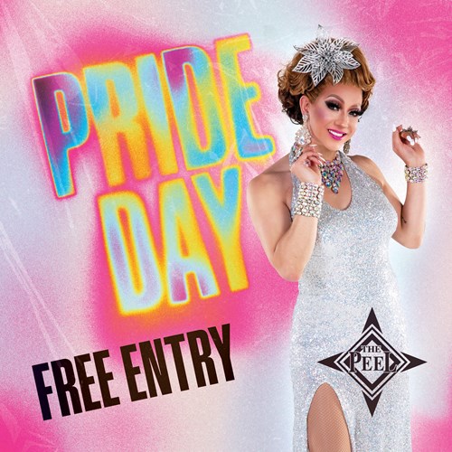 Drag queen in a silver dress next to text: "Pride Day, free entry" on a pink background